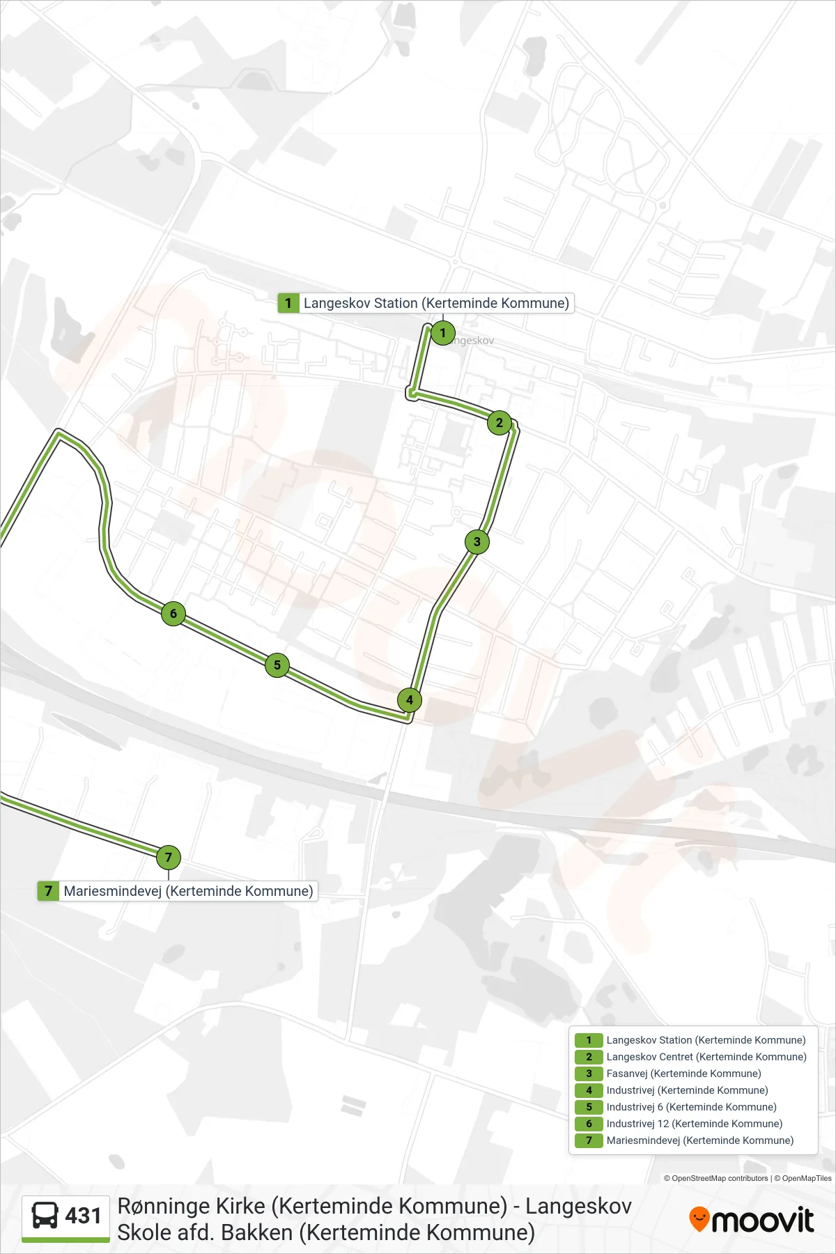 431 bus Linje (Industrivej) rute og stop på et kort