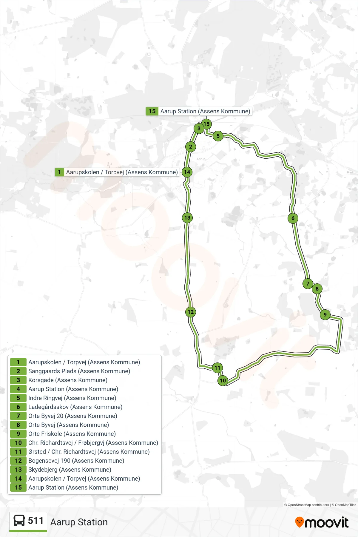 511 bus Line (Aarup Station) route and stops on a map