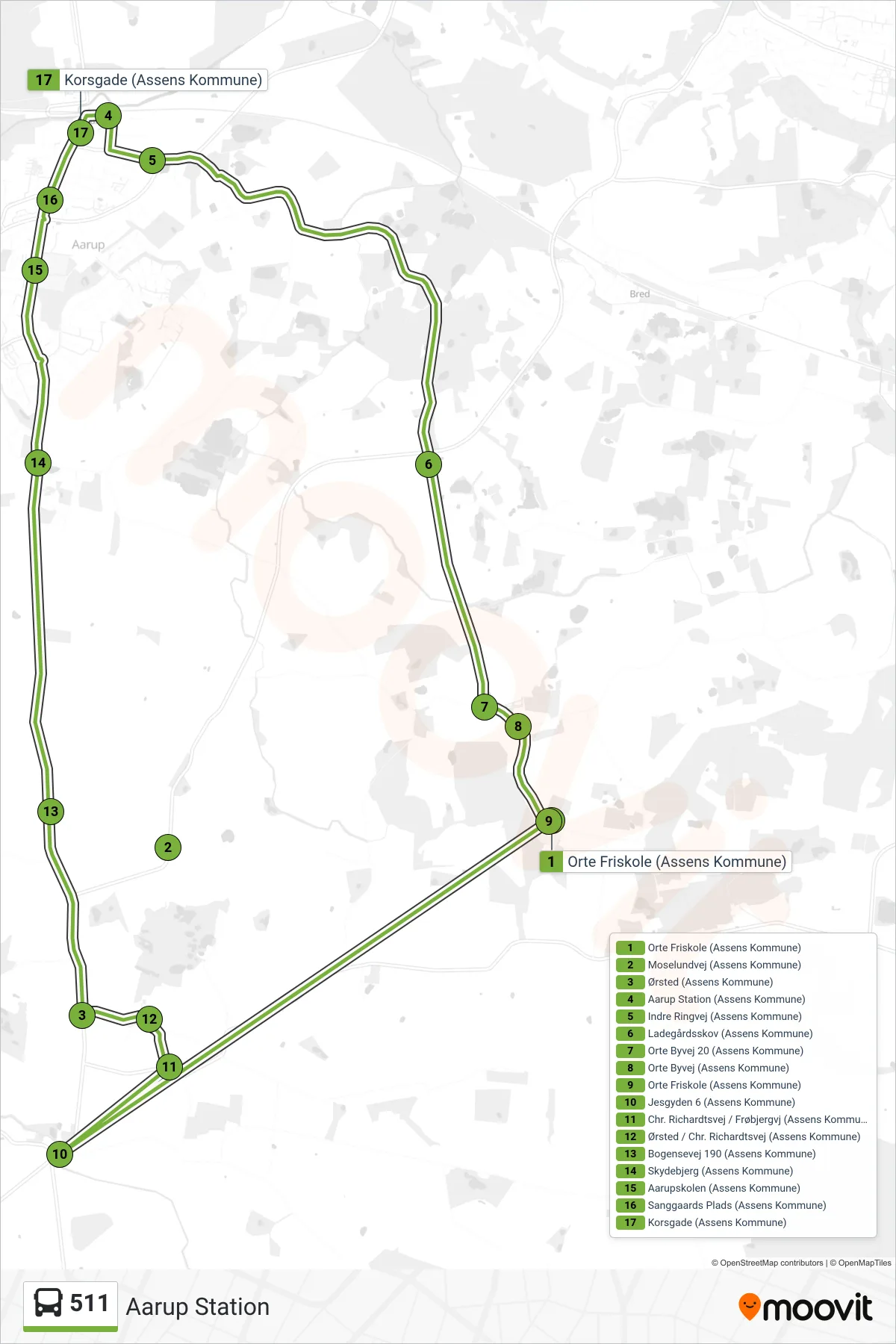 511 bus Linje (Aarup Station) rute og stop på et kort