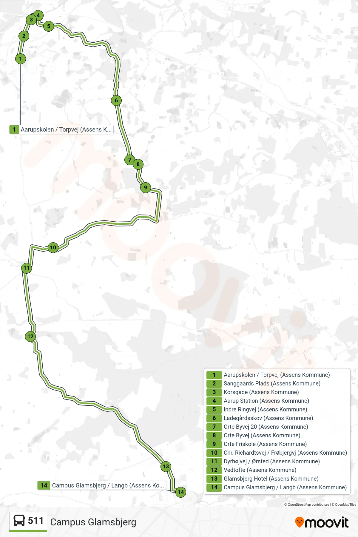 511 bus Linje (Campus Glamsbjerg) rute og stop på et kort