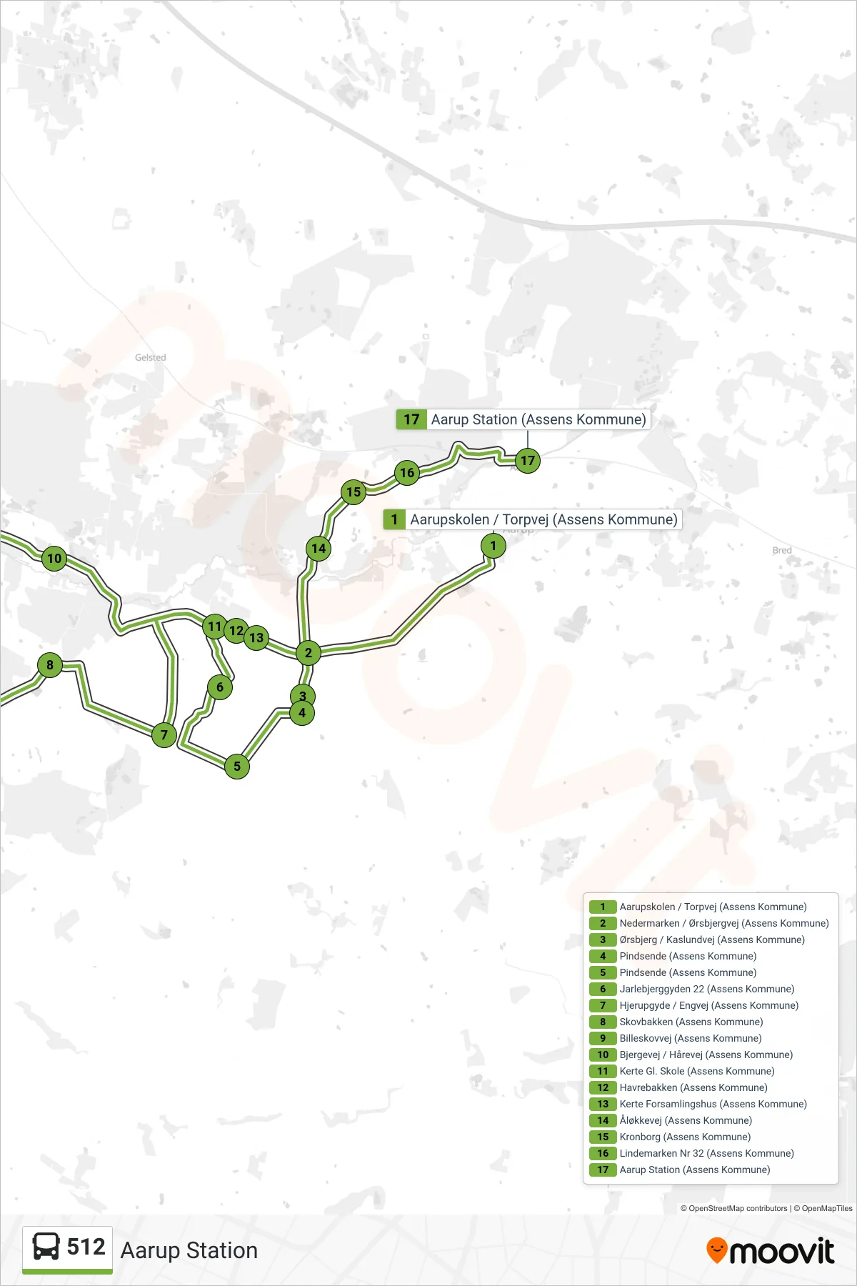 512 bus Linje (Aarup Station) rute og stop på et kort