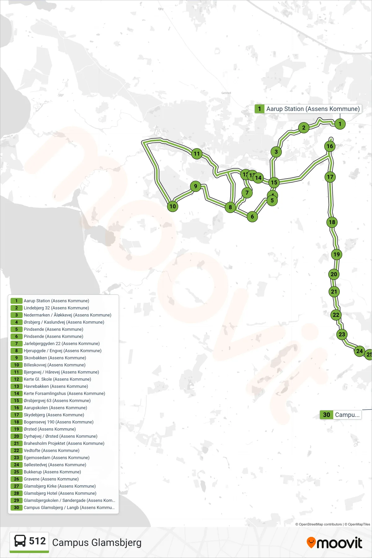 512 bus Linje (Campus Glamsbjerg) rute og stop på et kort