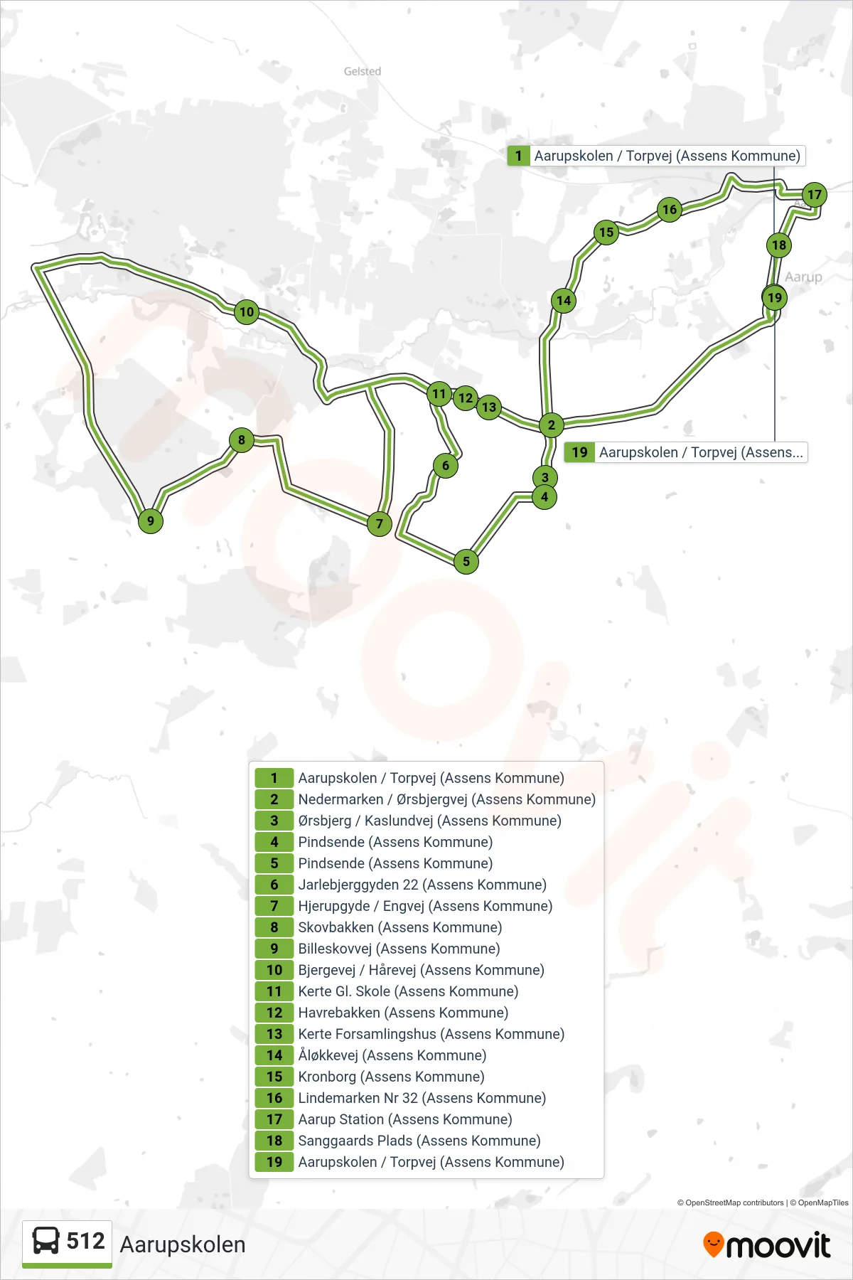512 bus Linje (Aarupskolen) rute og stop på et kort