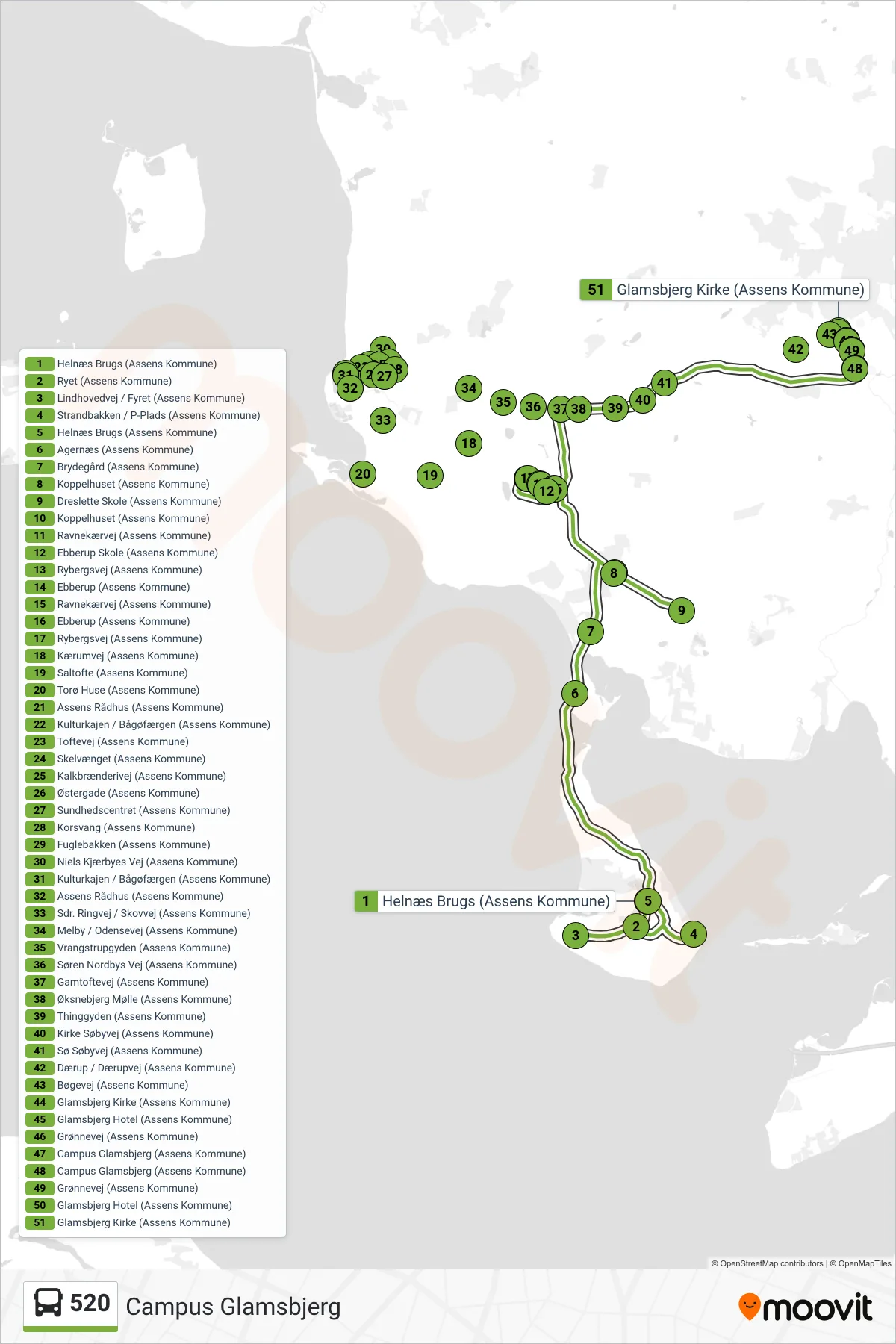 520 bus Linje (Campus Glamsbjerg) rute og stop på et kort