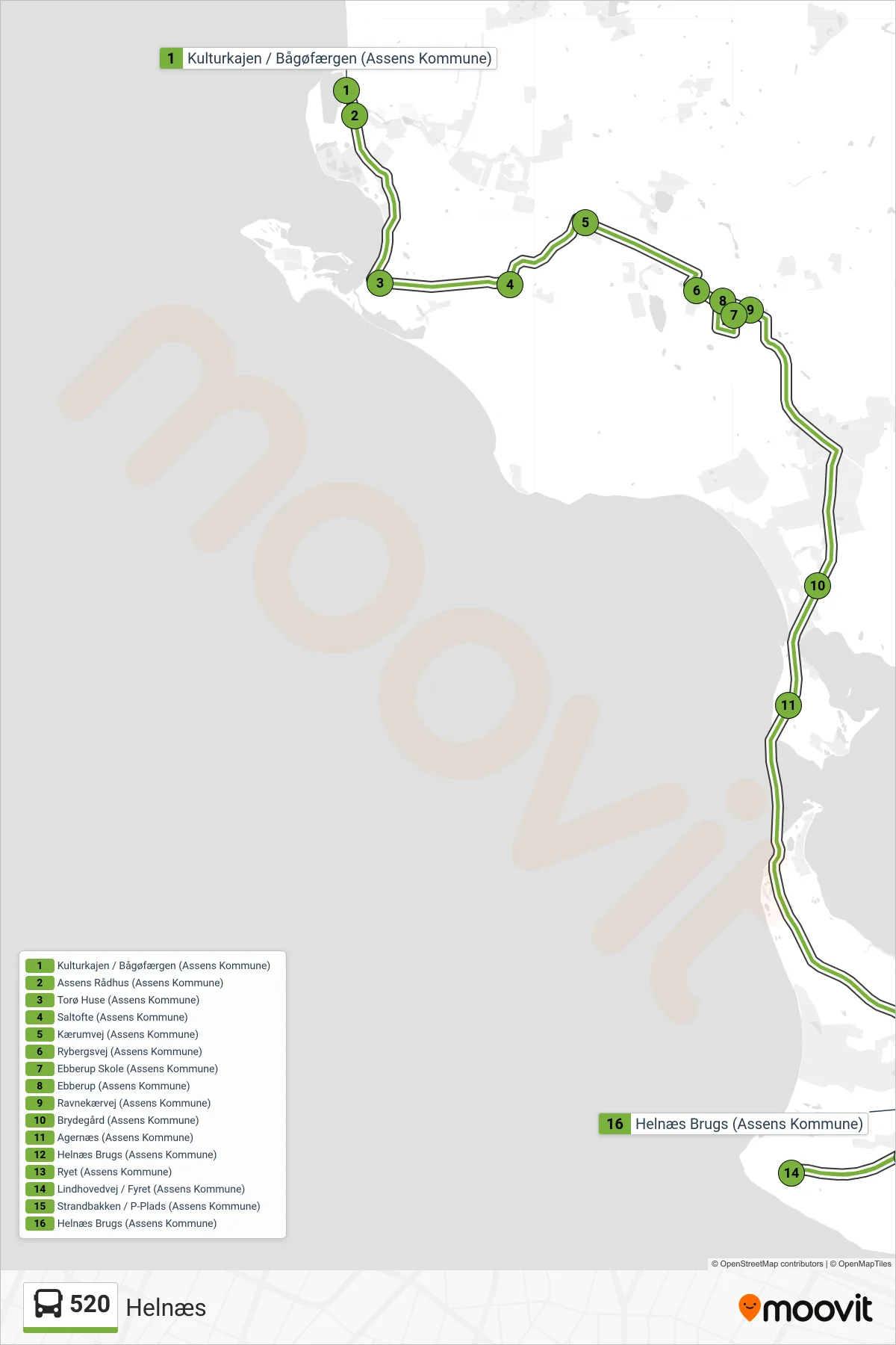 520 bus Linje (Helnæs) rute og stop på et kort
