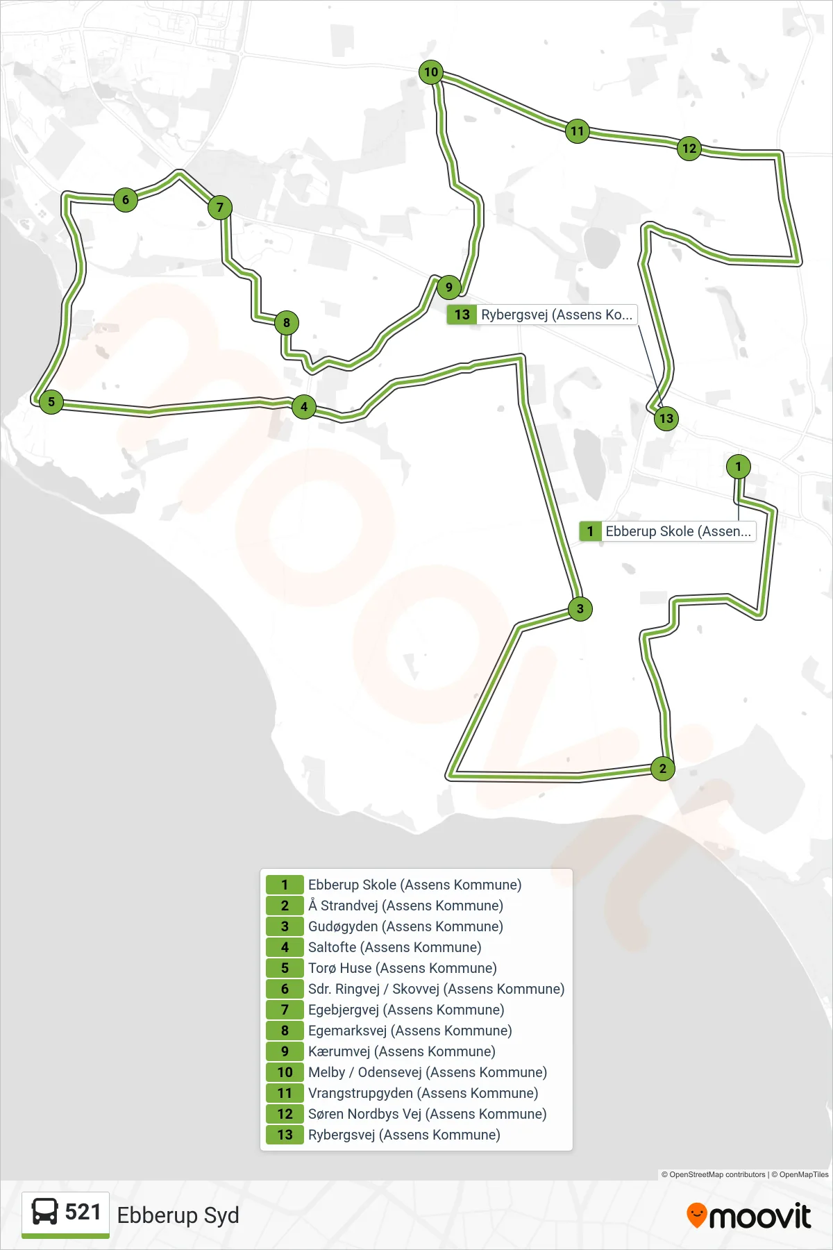 521 bus Linje (Ebberup Syd) rute og stop på et kort