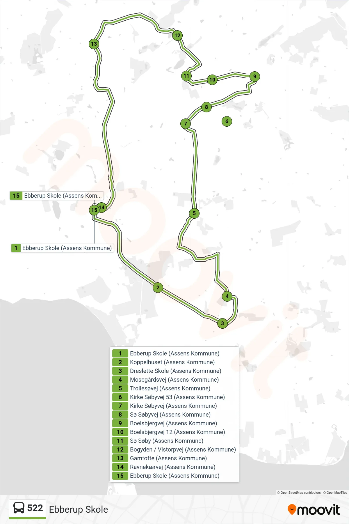 522 bus Linje (Ebberup Skole) rute og stop på et kort
