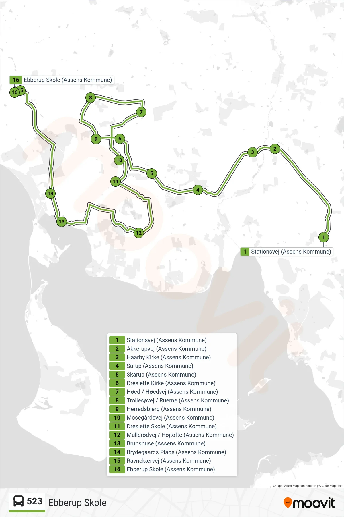 523 bus Linje (Ebberup Skole) rute og stop på et kort