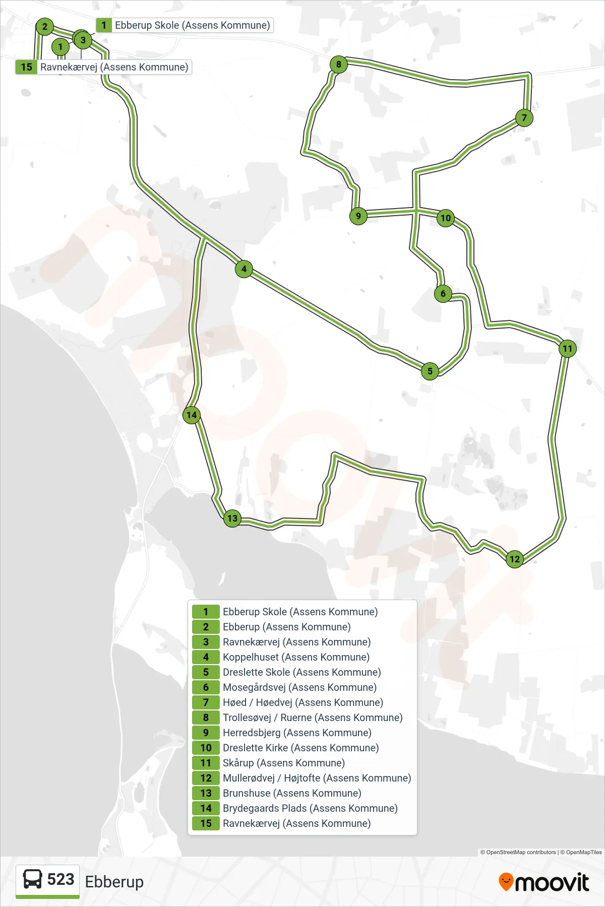 523 bus Linje (Ebberup) rute og stop på et kort