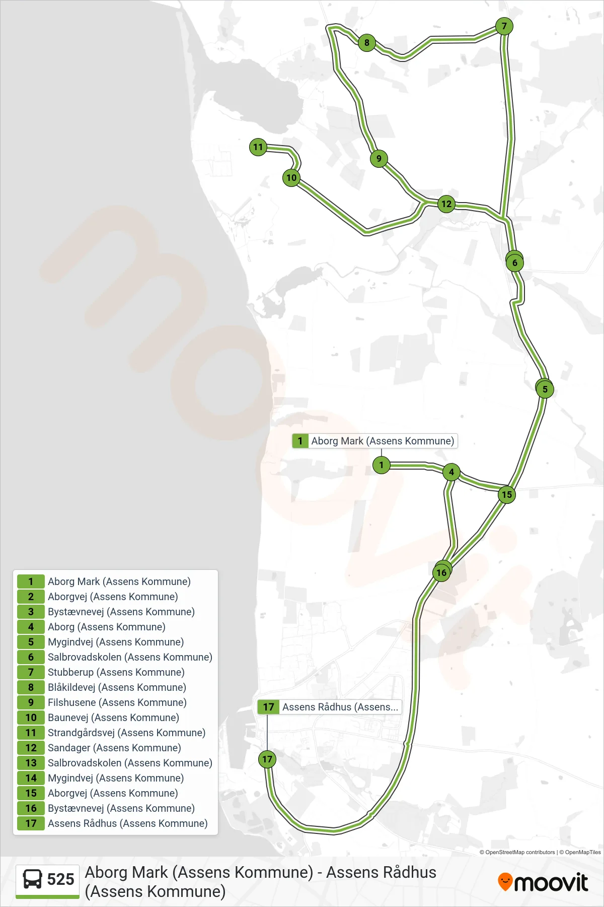 525 bus Linje (Salbrovadskolen) rute og stop på et kort