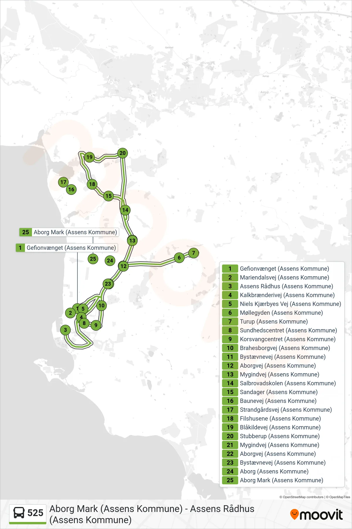 525 bus Linje (Sandager - Aborg) rute og stop på et kort