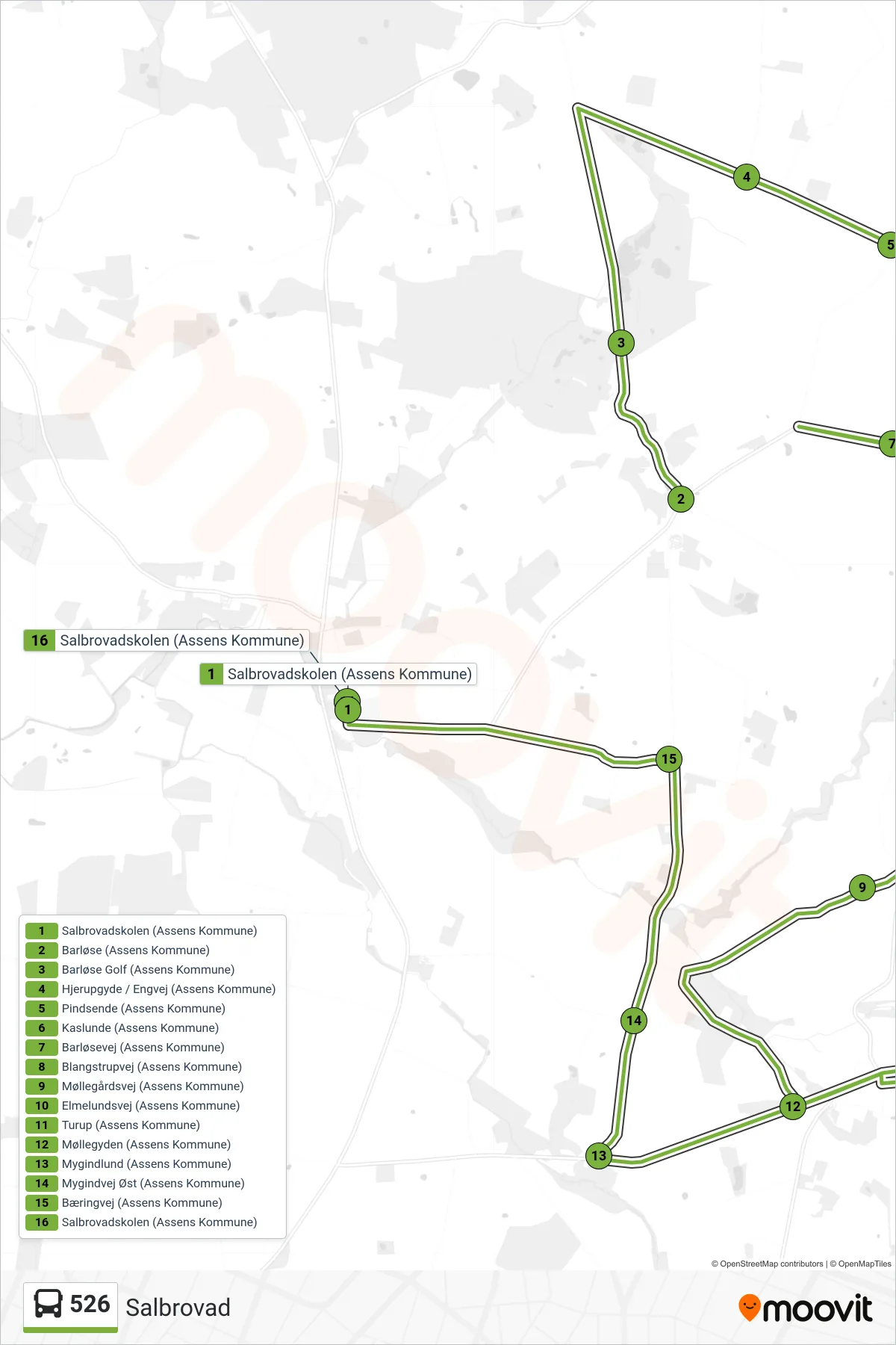 526 bus Linje (Salbrovad) rute og stop på et kort
