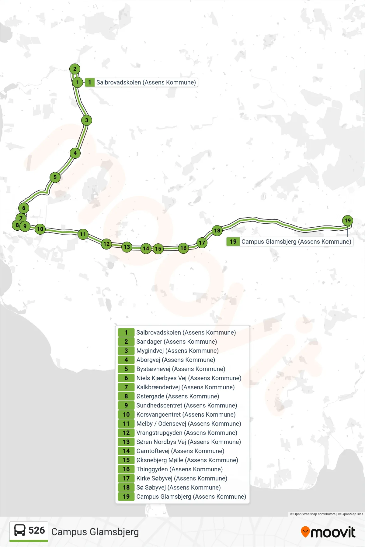 526 bus Linje (Campus Glamsbjerg) rute og stop på et kort