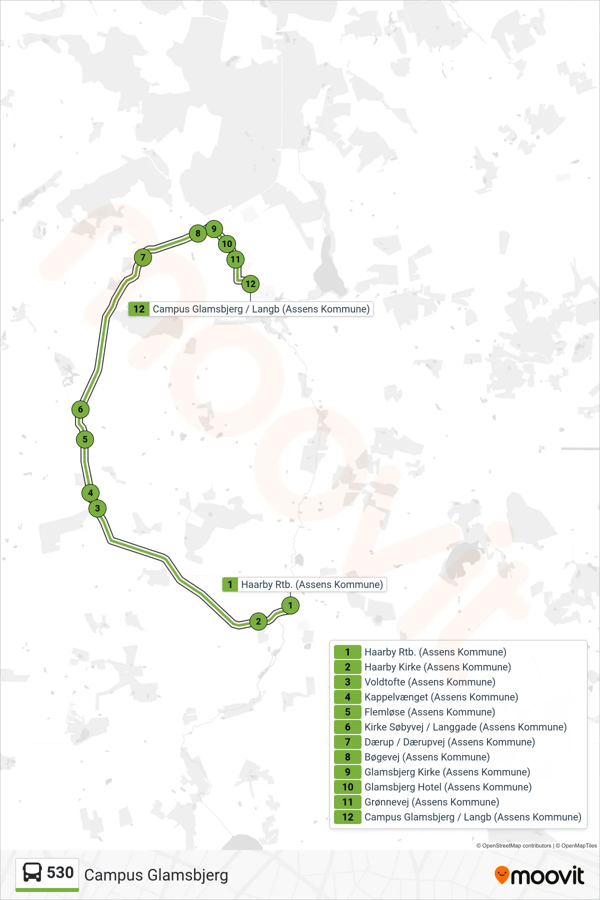530 bus Linje (Campus Glamsbjerg) rute og stop på et kort