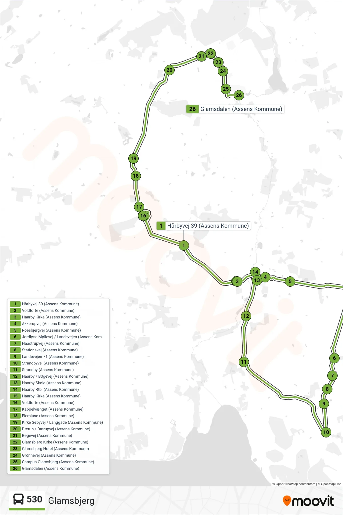 530 bus Linje (Glamsbjerg) rute og stop på et kort