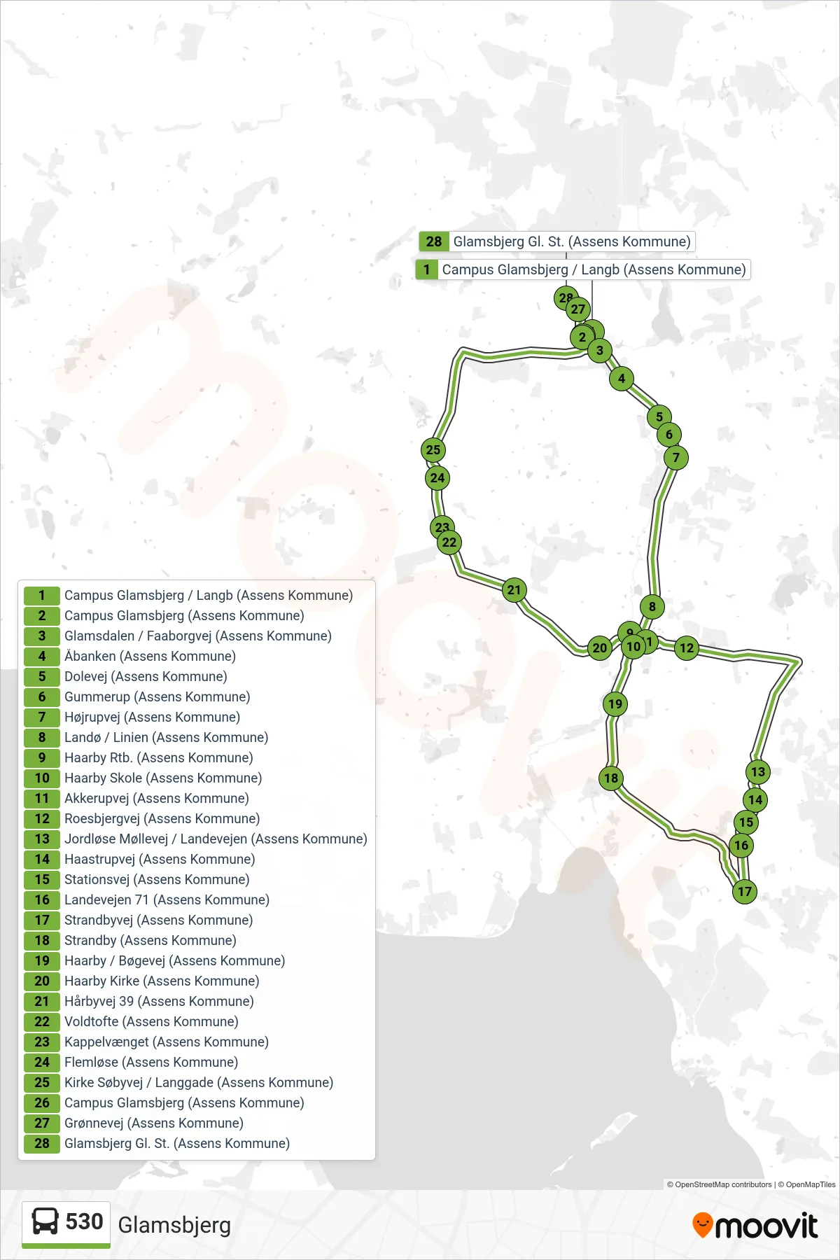 530 bus Linje (Glamsbjerg) rute og stop på et kort