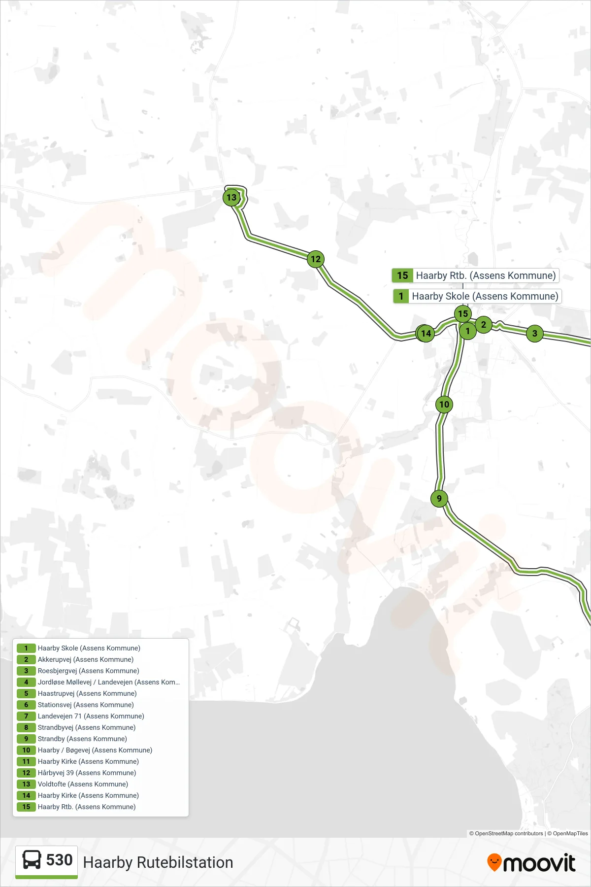 530 bus Linje (Haarby Rutebilstation) rute og stop på et kort