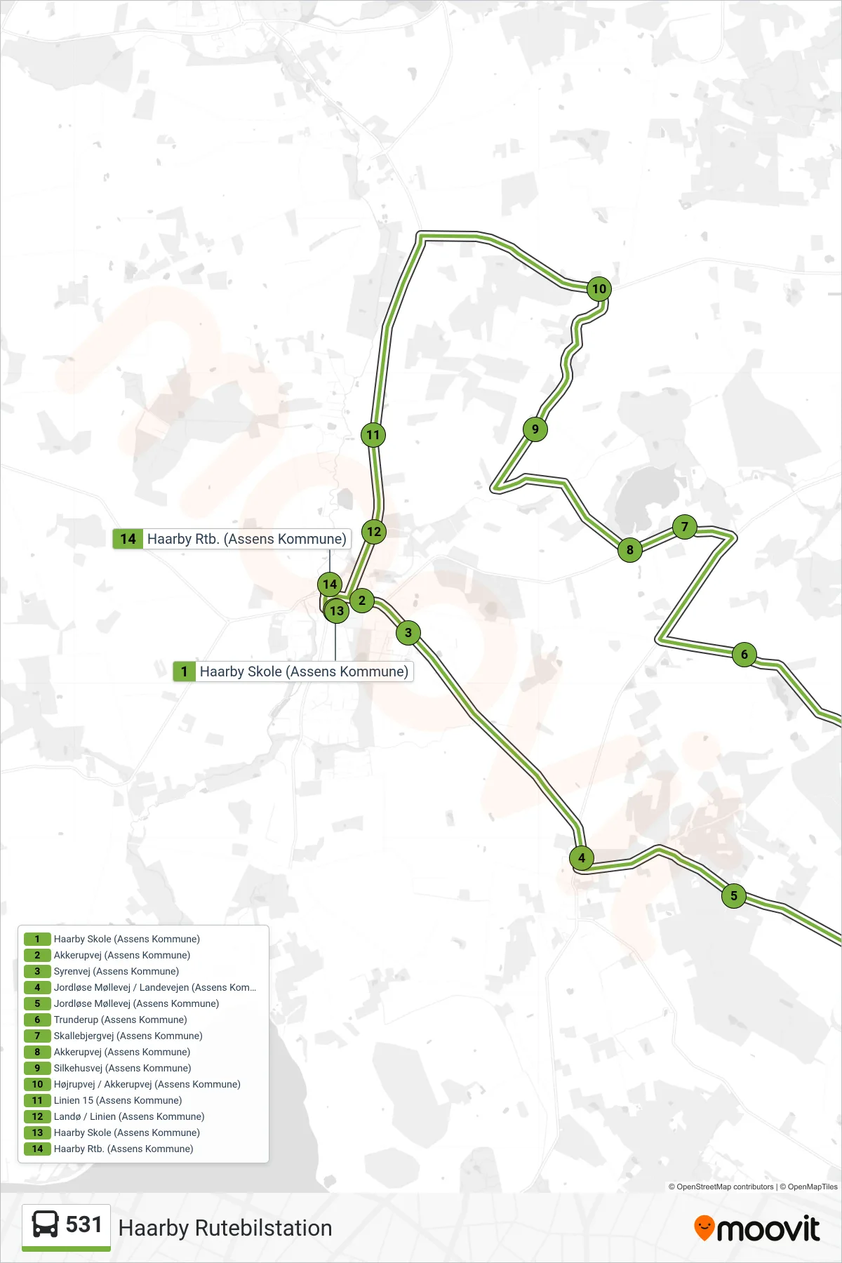 531 bus Linje (Haarby Rutebilstation) rute og stop på et kort