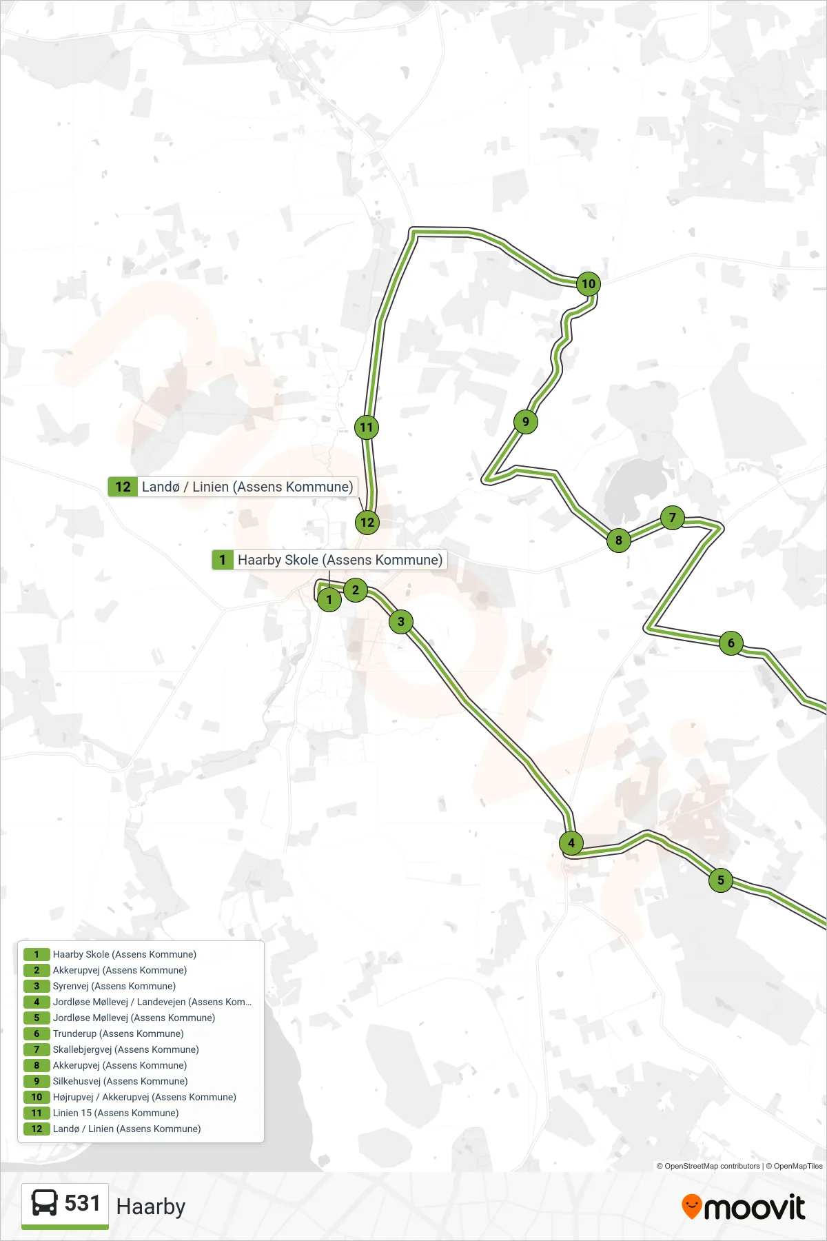 531 bus Linje (Haarby) rute og stop på et kort