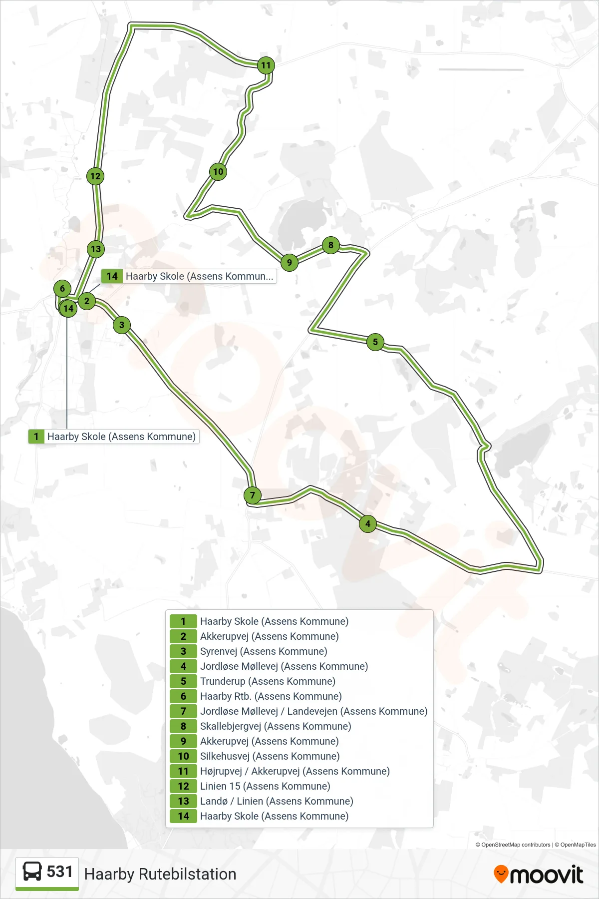 531 bus Linje (Haarby Rutebilstation) rute og stop på et kort