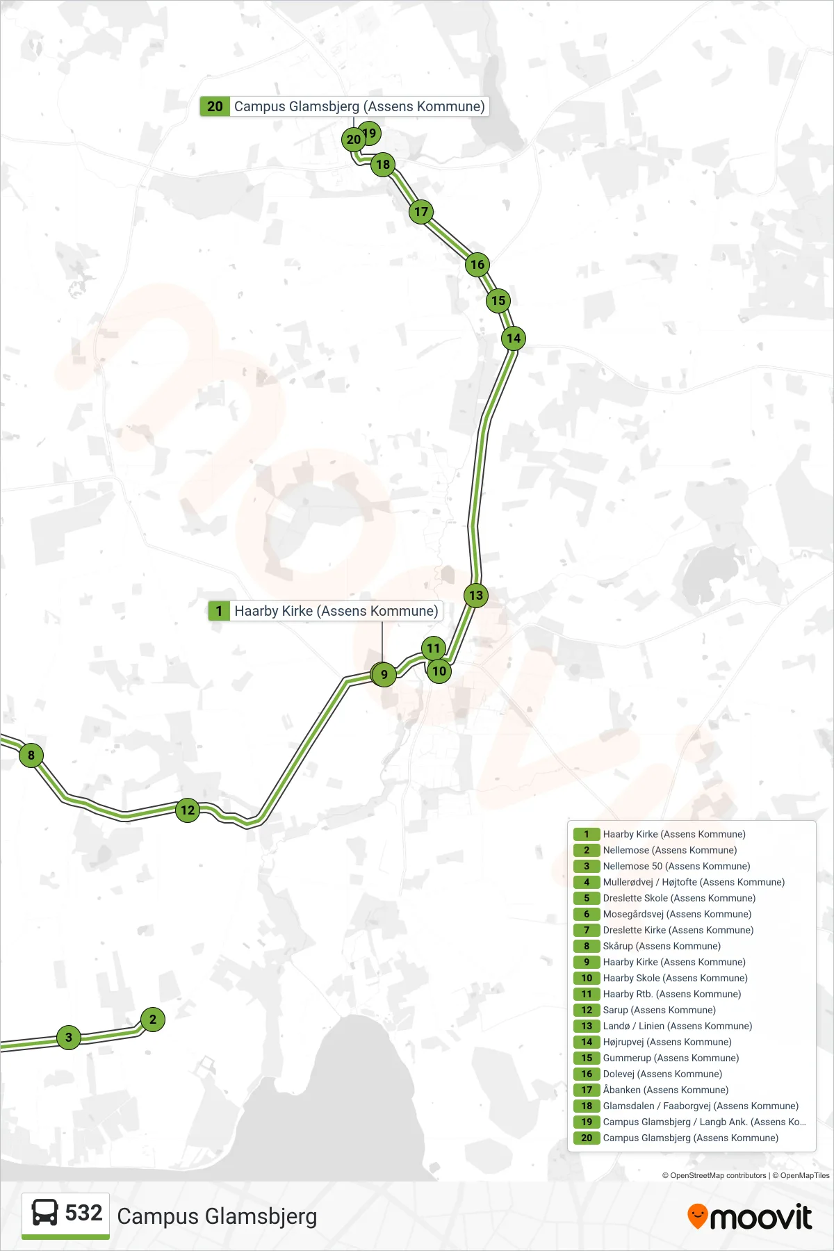 532 bus Linje (Campus Glamsbjerg) rute og stop på et kort