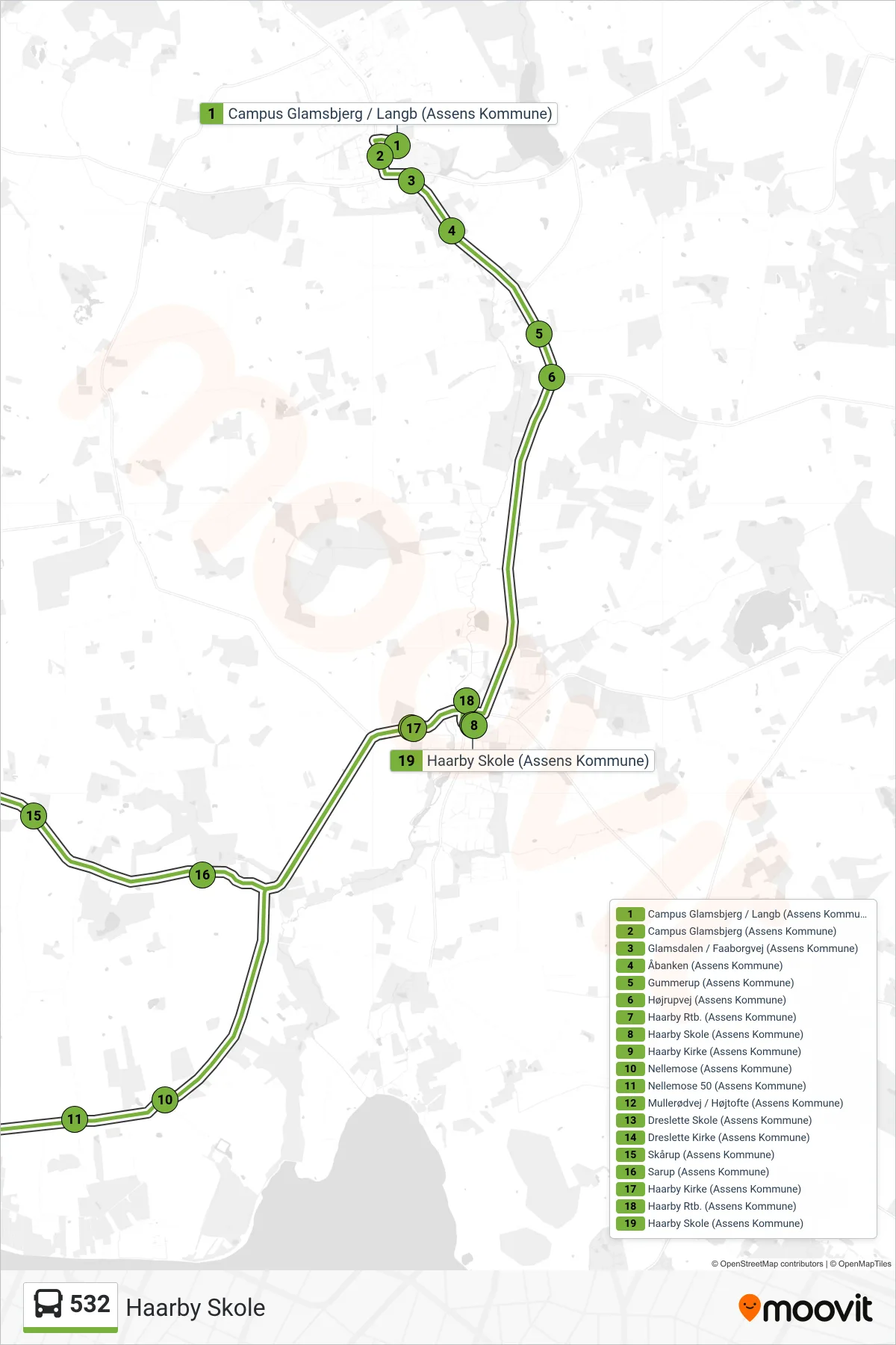 532 bus Linje (Haarby Skole) rute og stop på et kort