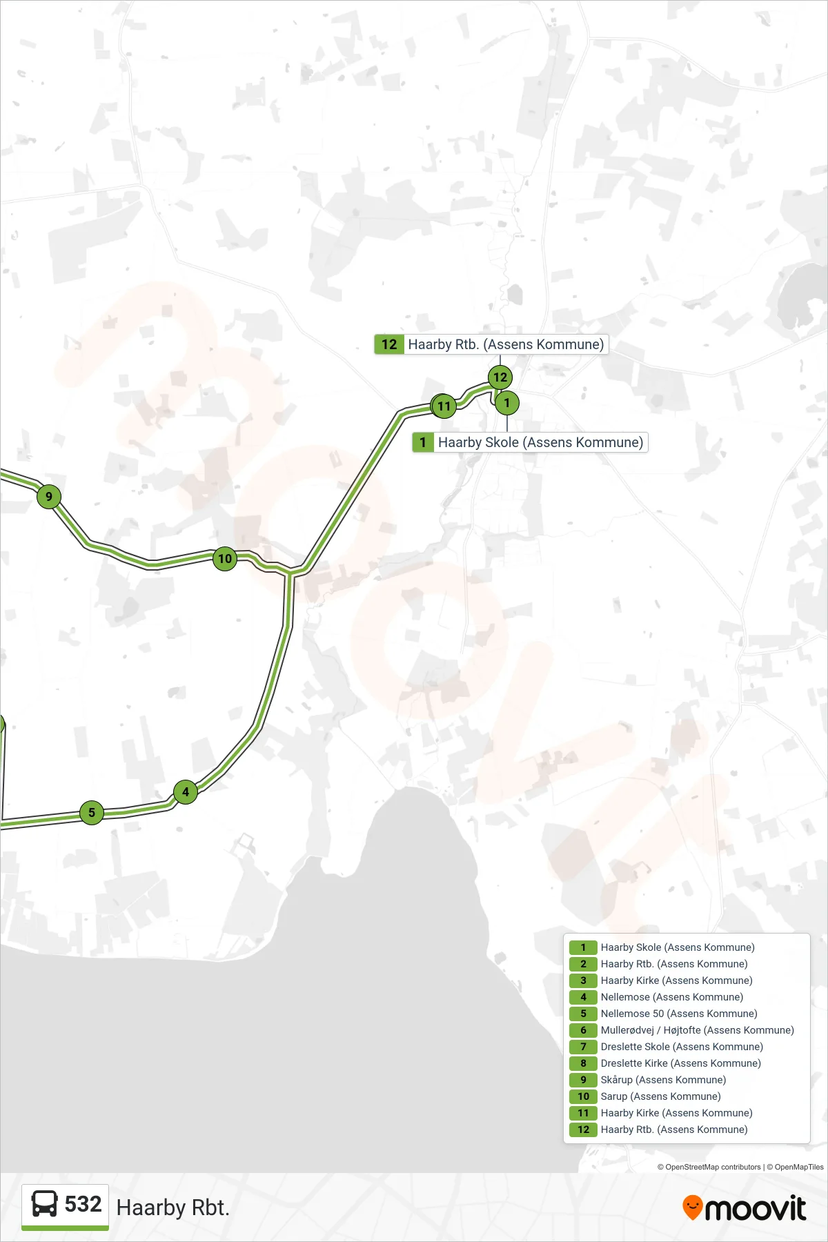 532 bus Linje (Haarby Rbt.) rute og stop på et kort