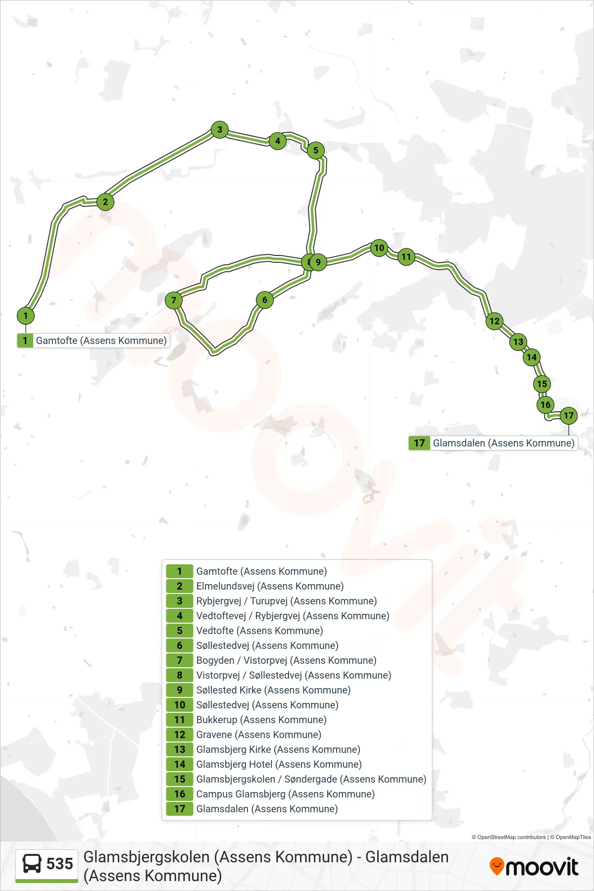 535 bus Linje (Glamsbjerg) rute og stop på et kort