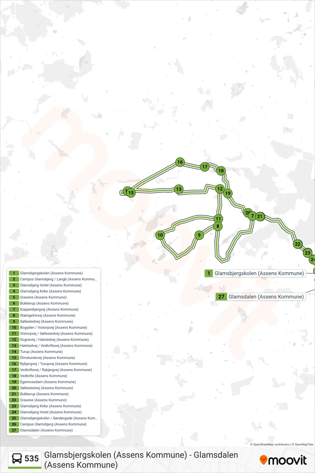 535 bus Linje (Glambjerg) rute og stop på et kort