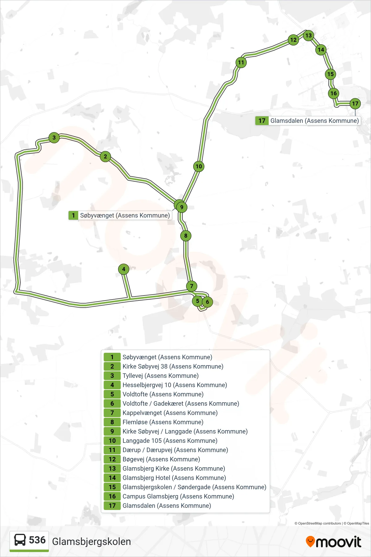536 bus Linje (Glamsbjergskolen) rute og stop på et kort