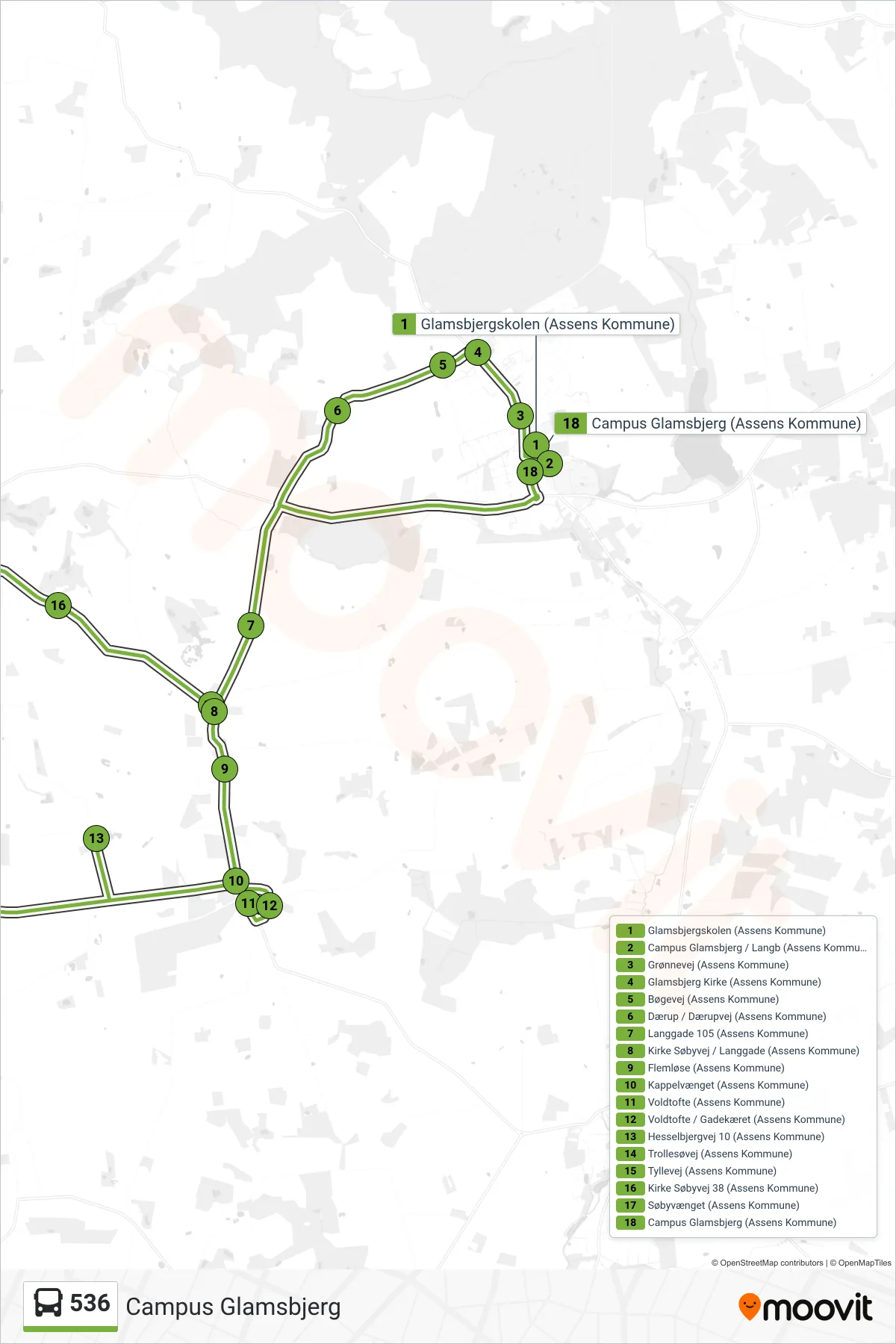 536 bus Linje (Campus Glamsbjerg) rute og stop på et kort