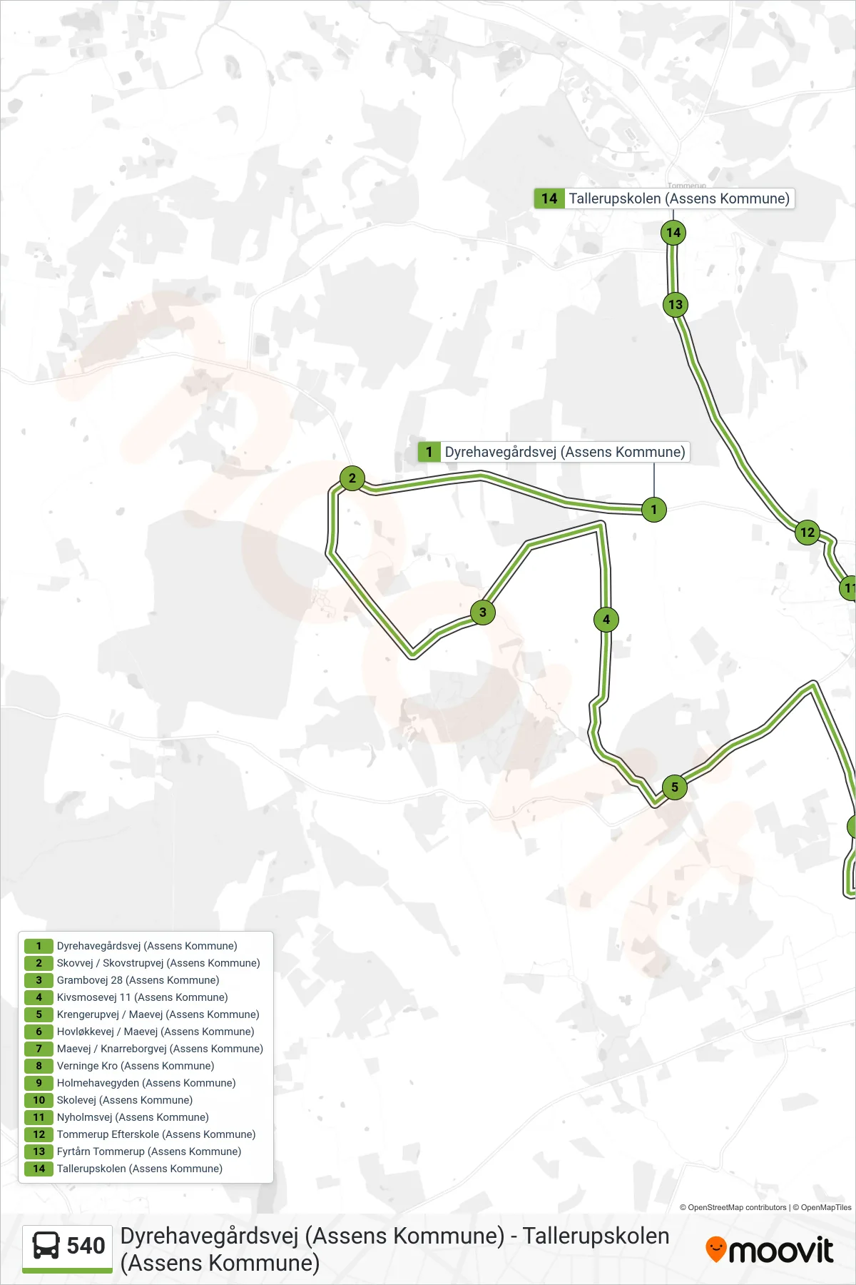 540 bus Linje (Tallerupskolen) rute og stop på et kort