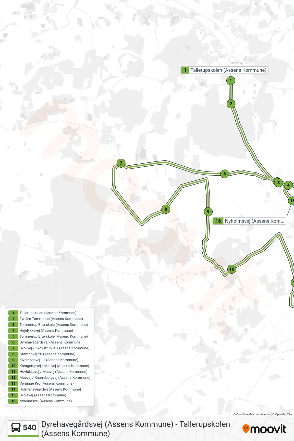 540 bus Linje (Tommerup) rute og stop på et kort