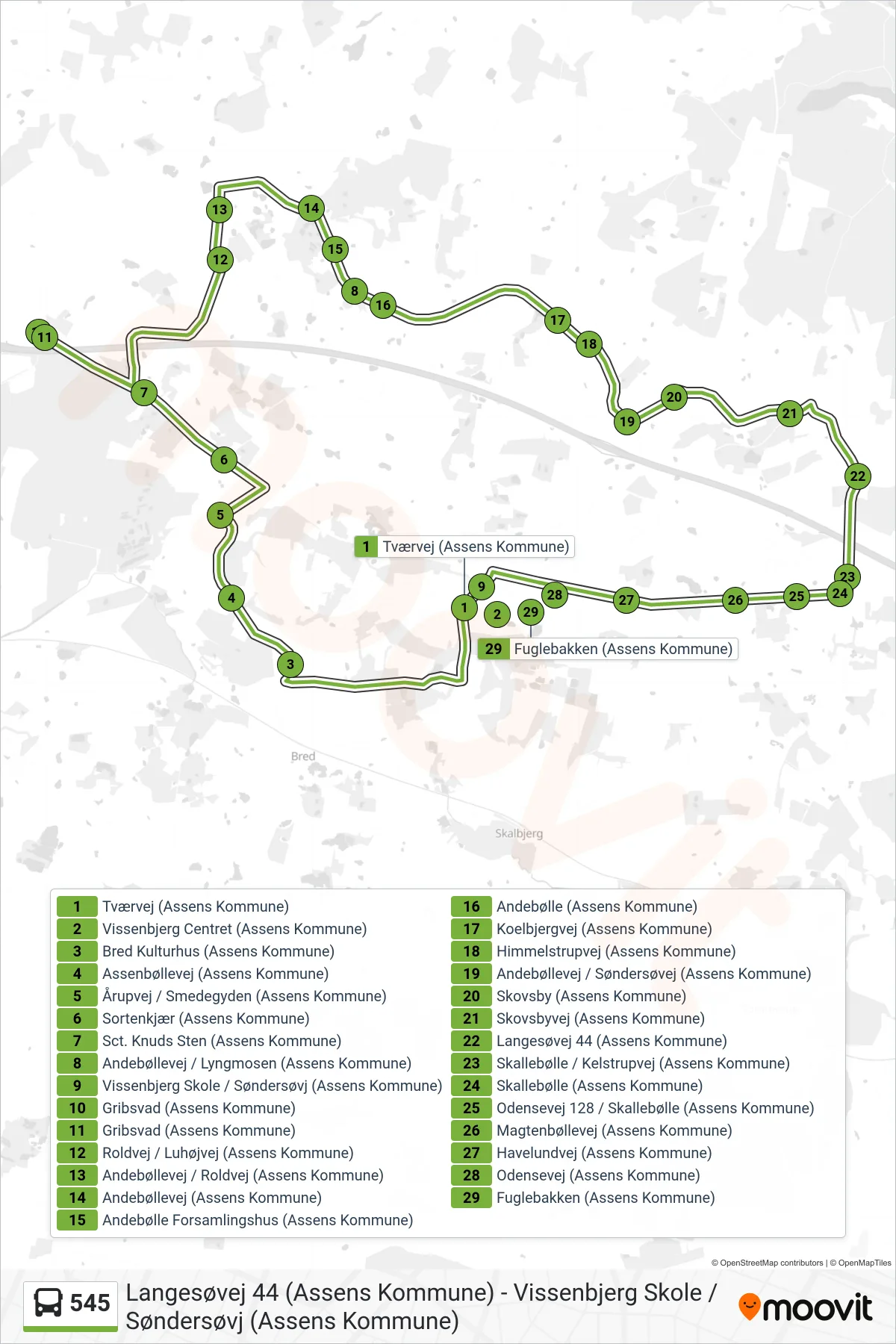545 bus Linje (Vissenbjerg) rute og stop på et kort