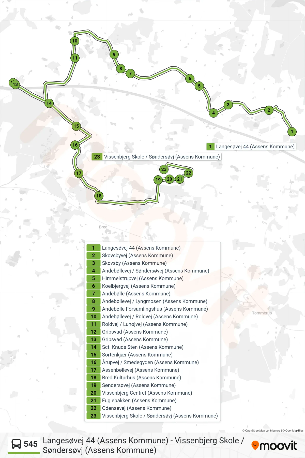 545 bus Linje (Vissenbjerg) rute og stop på et kort