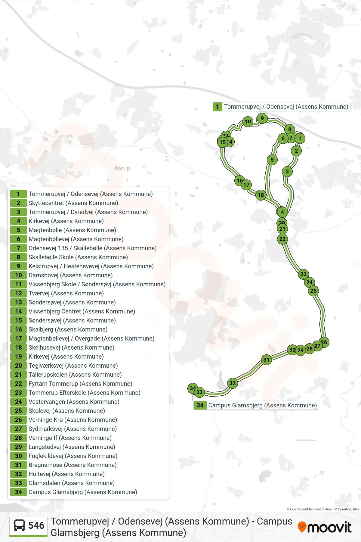 546 bus Linje (Campus Glamsbjerg) rute og stop på et kort