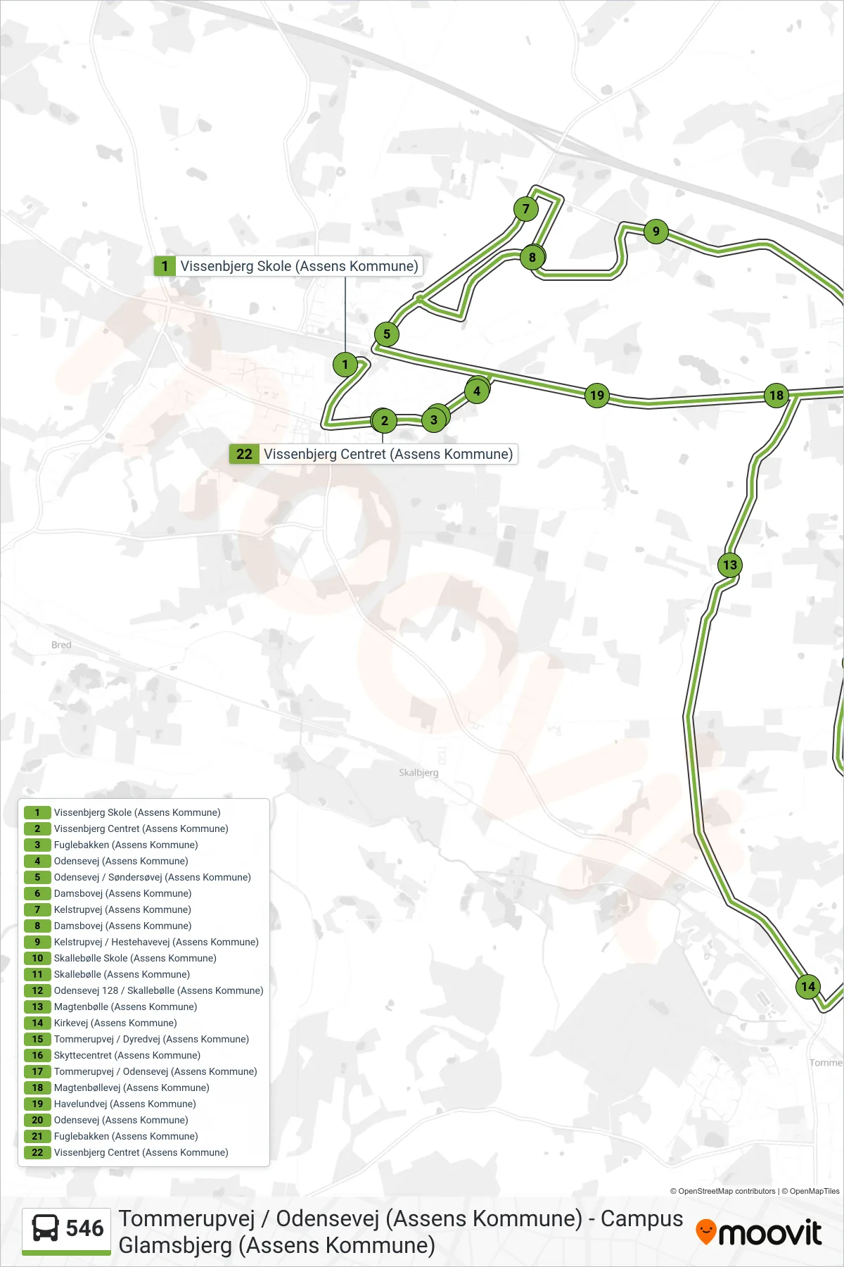 546 bus Linje (Vissenbjerg Centret) rute og stop på et kort