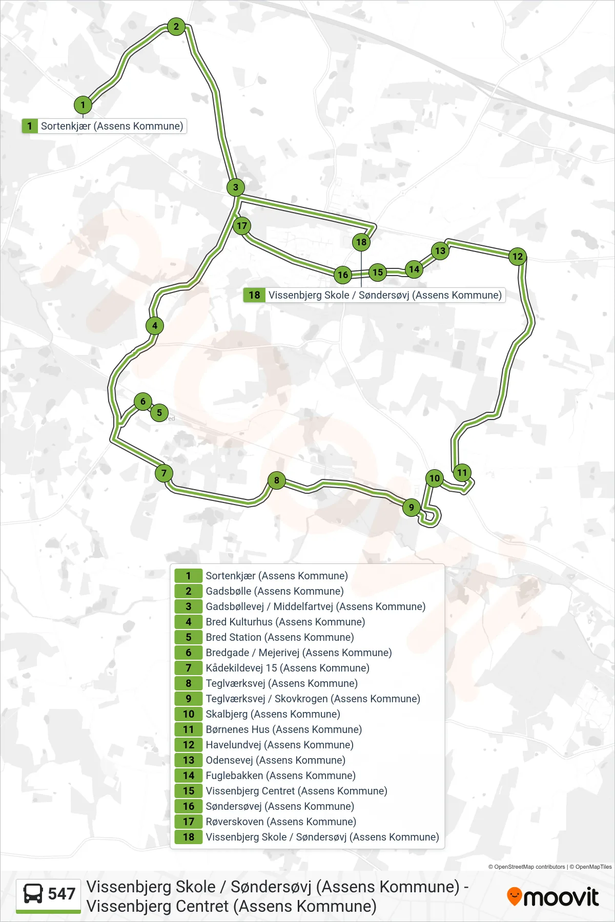 547 bus Linje (Vissenbjerg) rute og stop på et kort