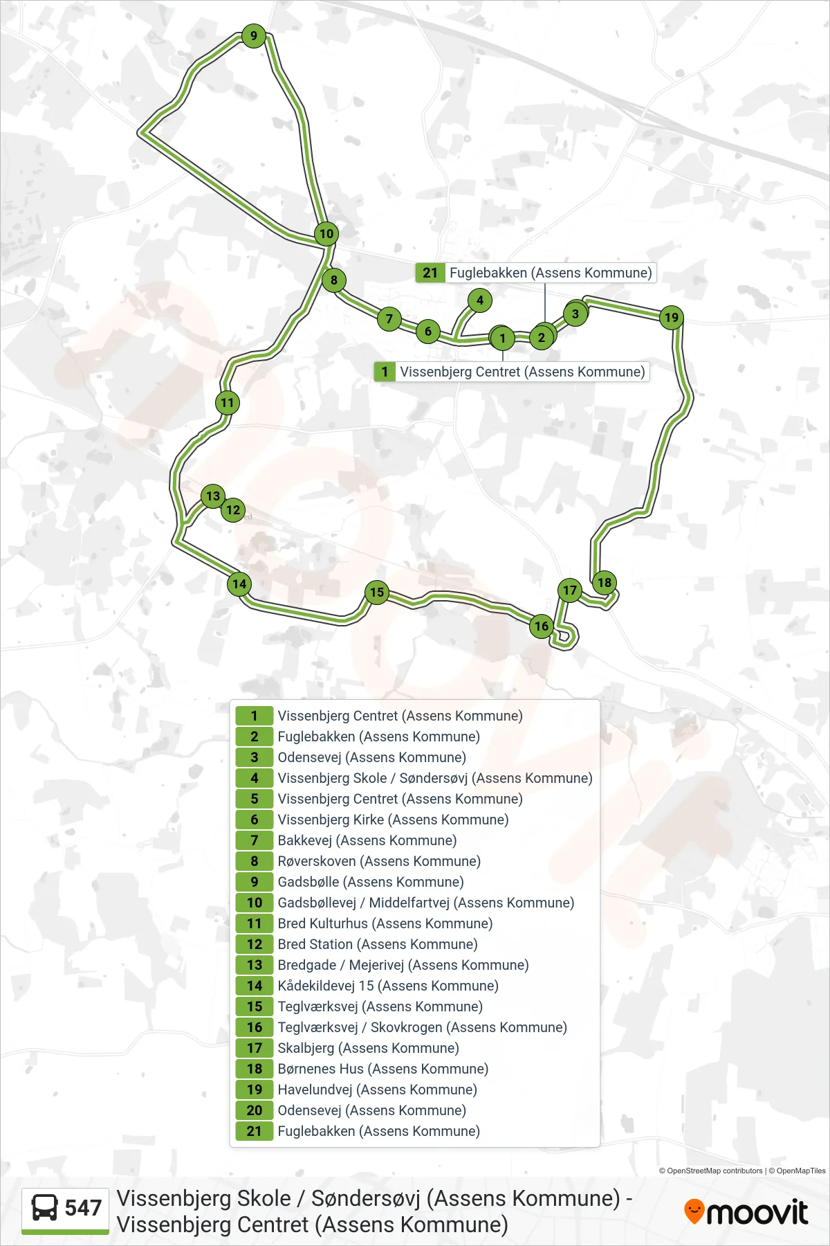 547 bus Linje (Vissenbjerg Centret) rute og stop på et kort