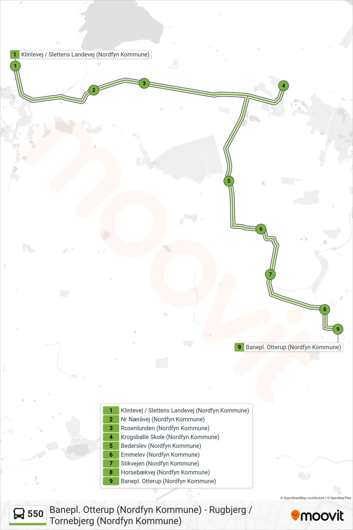 550 bus Line (Otterup) route and stops on a map