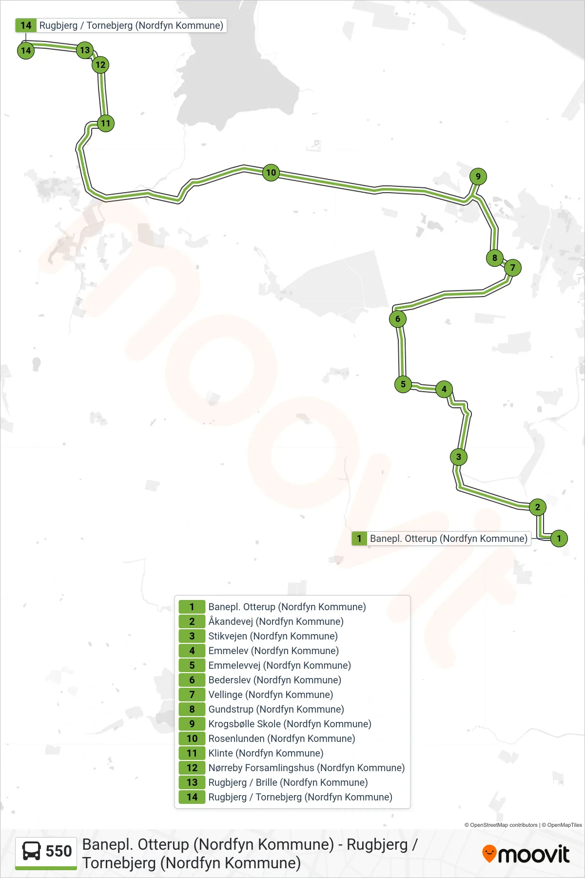 550 bus Linje (Krogsbølle - Nørreby) rute og stop på et kort