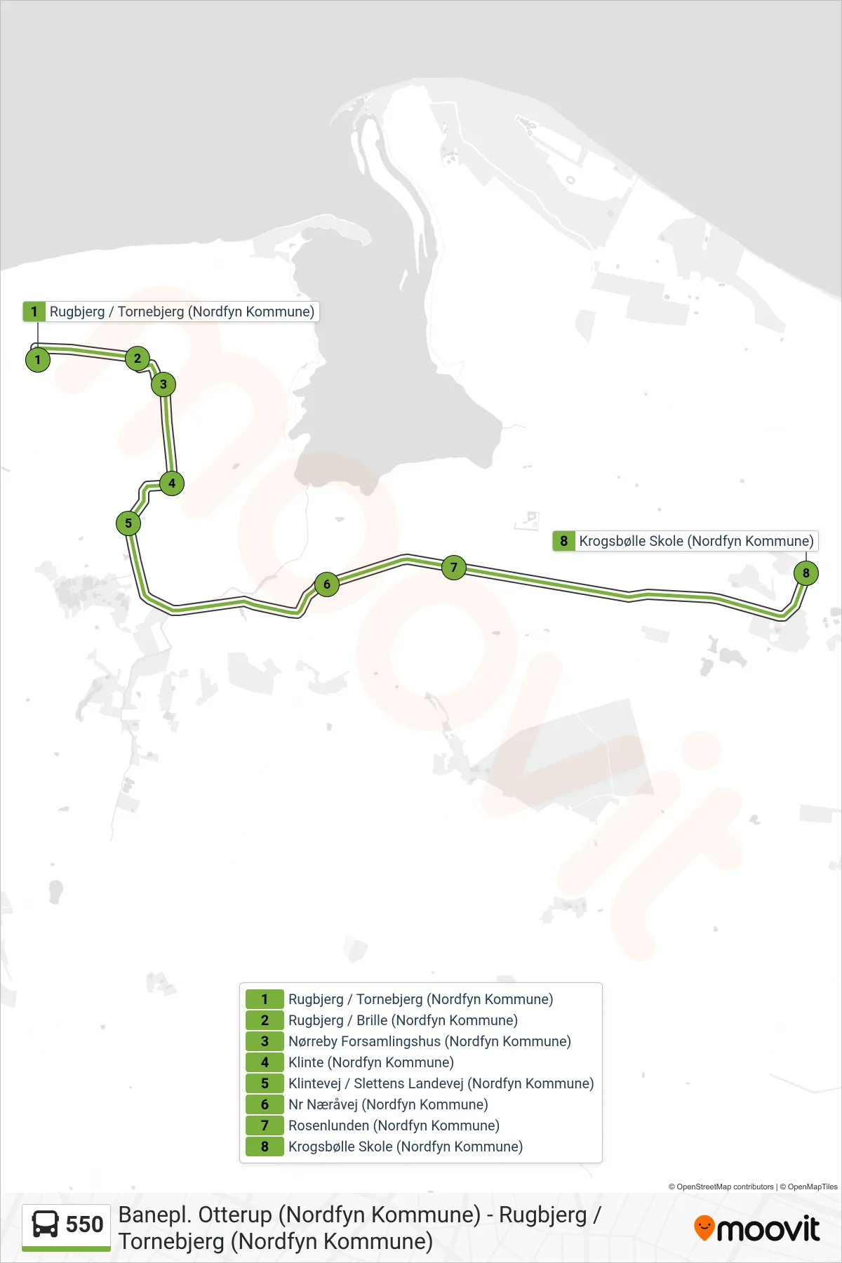 550 bus Line (Krogsbølle) route and stops on a map