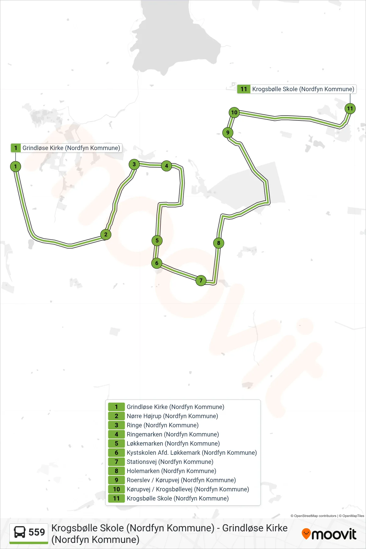 559 bus Linje (Krogsbølle) rute og stop på et kort