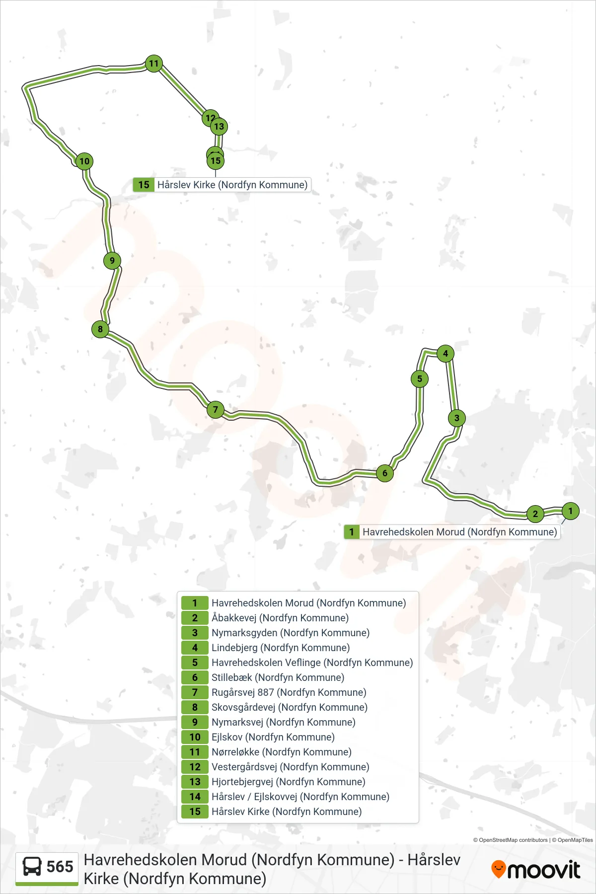 565 bus Linje (Morud) rute og stop på et kort