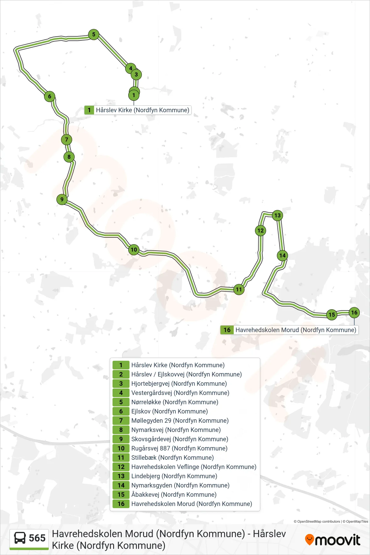 565 bus Linje (Hårslev) rute og stop på et kort