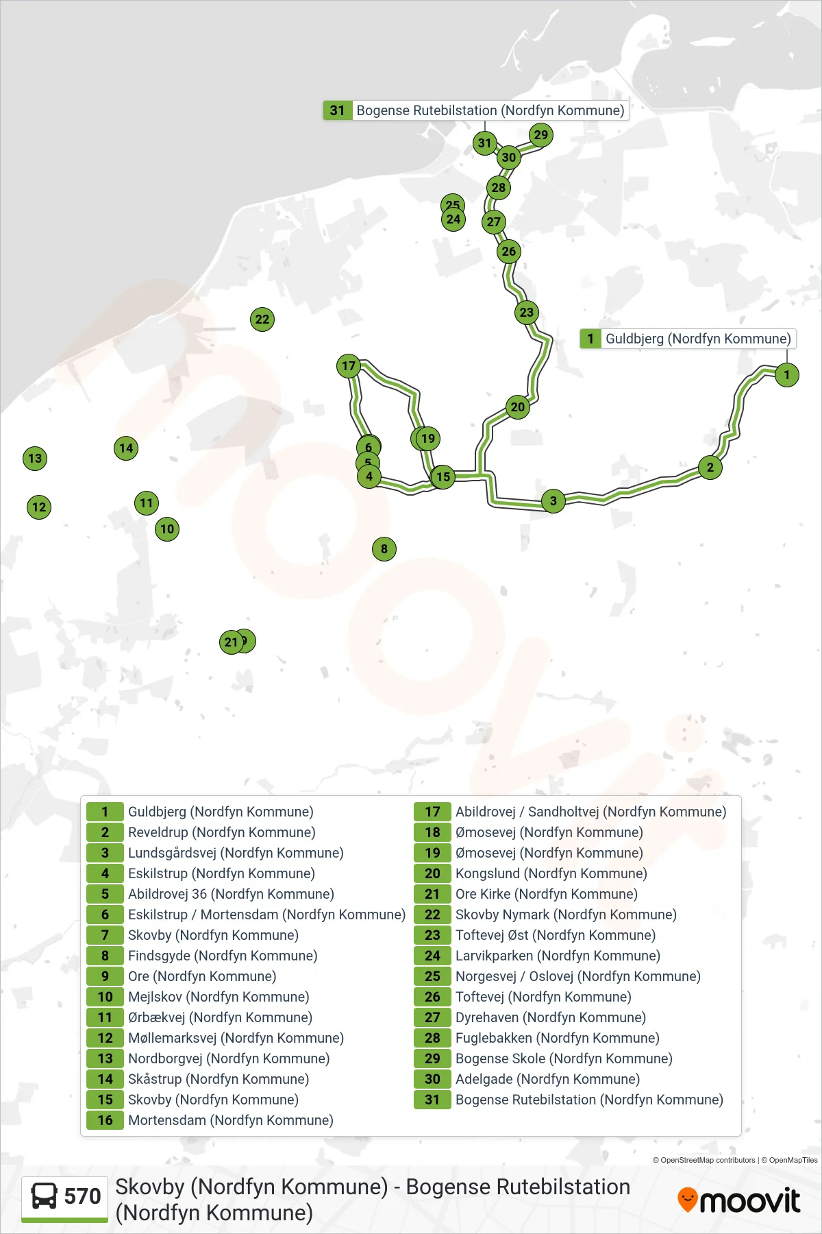 570 bus Linje (Bogense) rute og stop på et kort