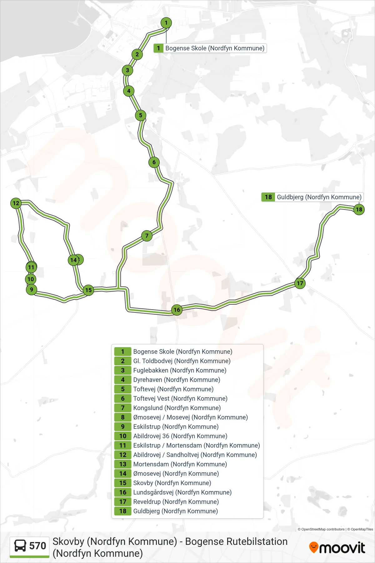 570 bus Linje (Guldbjerg) rute og stop på et kort