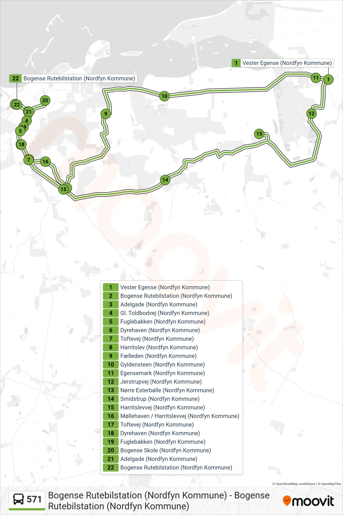 571 bus Linje (Bogense) rute og stop på et kort