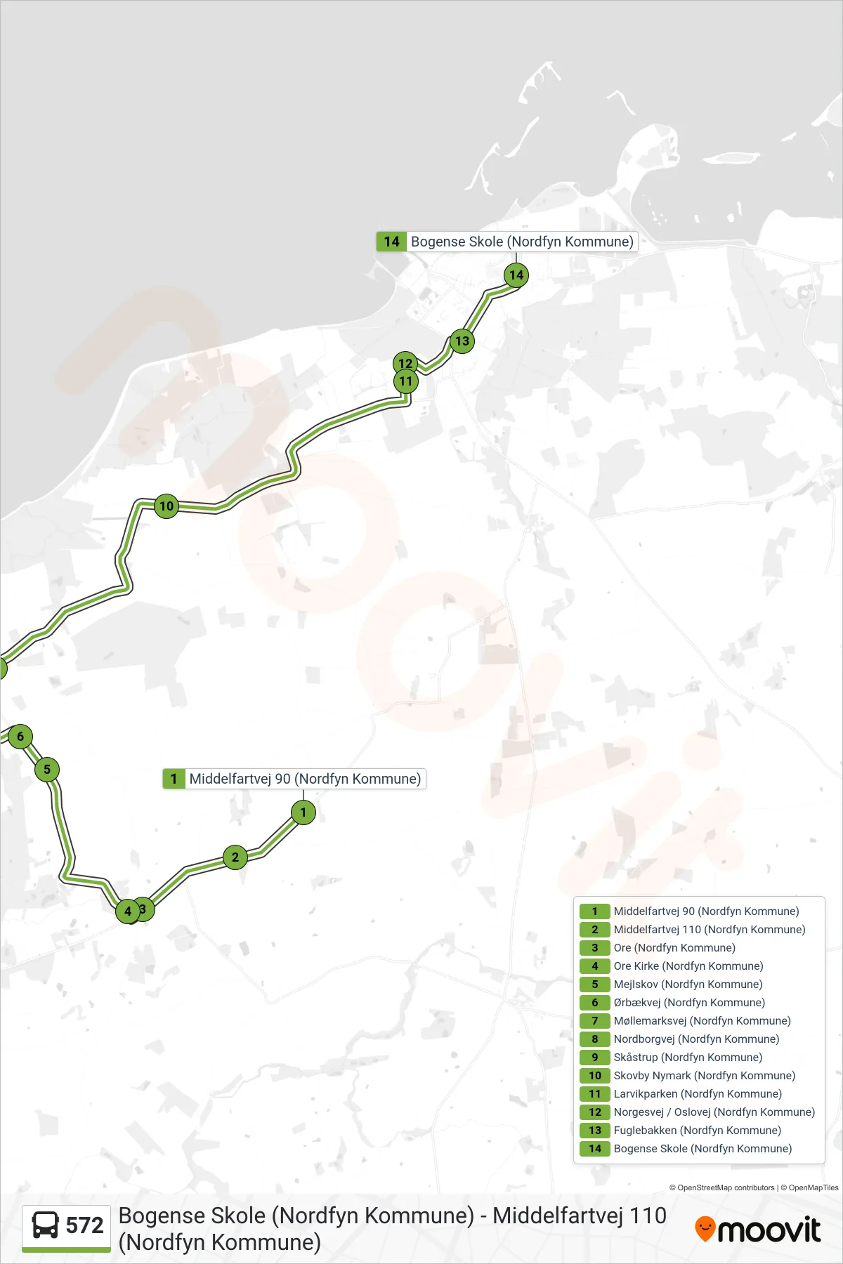 572 bus Linje (Bogense) rute og stop på et kort