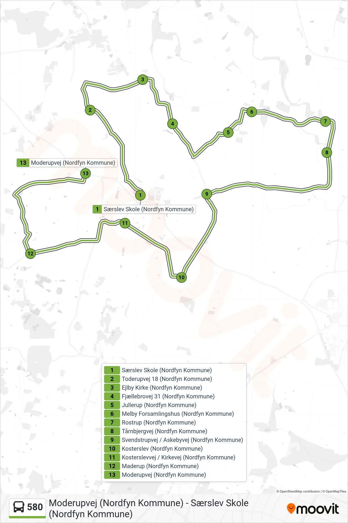 580 bus Linje (Moderup) rute og stop på et kort